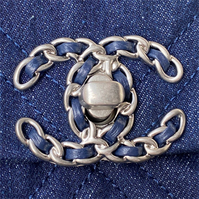 Ch*el 19 handbag dk denim silver double c metal as1160
