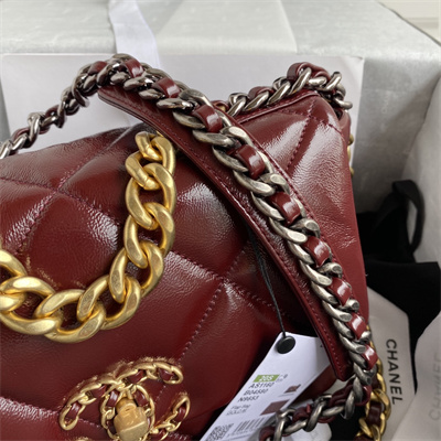 Ch*el 19 handbag shiny aged calfskin gold double c metal burgundy as1160