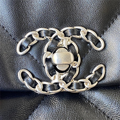 Cha.nel 19 Large Handbag Lambskin Silver Double C Metal Black AS1161