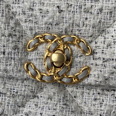 Cha.nel 19 Large Handbag Wool Tweed Gold Double C Metal Lt Grey AS1161