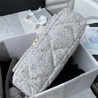 Cha.nel 19 Large Handbag Wool Tweed Gold Double C Metal Lt Grey AS1161