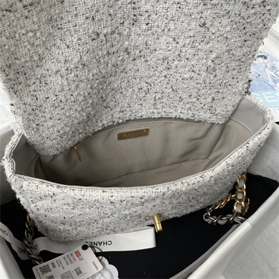 Cha.nel 19 Large Handbag Wool Tweed Gold Double C Metal Lt Grey AS1161