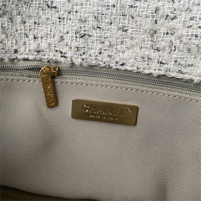 Cha.nel 19 Large Handbag Wool Tweed Gold Double C Metal Lt Grey AS1161
