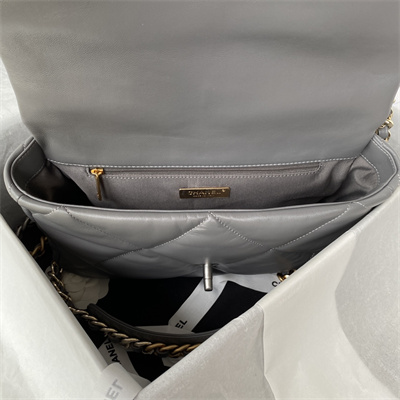 Cha.nel 19 Large Handbag Lambskin Silver Double C Metal Dk Grey AS1161