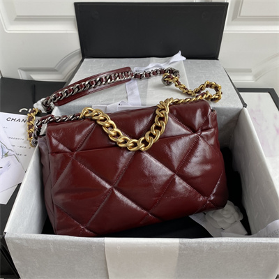 Cha.nel 19 Large Handbag Shiny Aged Calfskin Gold Double C Metal Burgundy AS1161