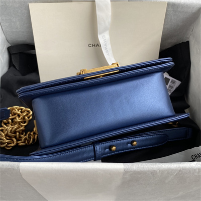 Cha.nel Small Leboy Bag Smooth Calfskin Aged Gold Metal Blue A67085