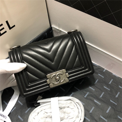 Cha.nel Small Leboy Bag Chevron Pattern Lambskin Aged Silver Metal Black A67085