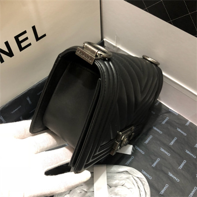 Cha.nel Small Leboy Bag Chevron Pattern Lambskin Aged Silver Metal Black A67085