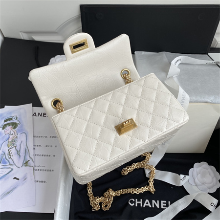 Cha.nel 2.55 Mini Handbag Aged Calfskin Gold Tone Metal White AS0874