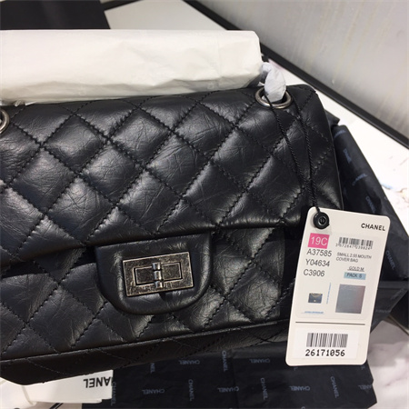 Cha.nel 2.55 Mini Handbag Aged Calfskin Silver Tone Metal Black AS0874