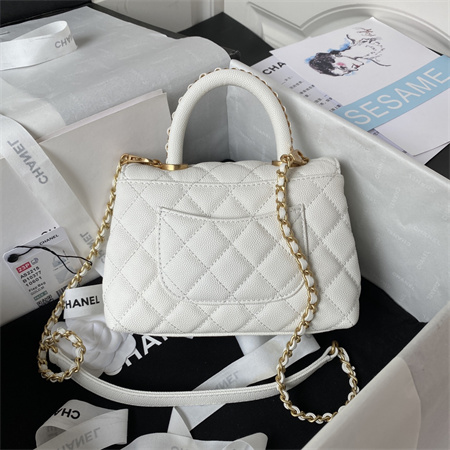 Cha.nel Mini Coco Handle Bag Grained Calfskin Aged Gold Metal White AS2215