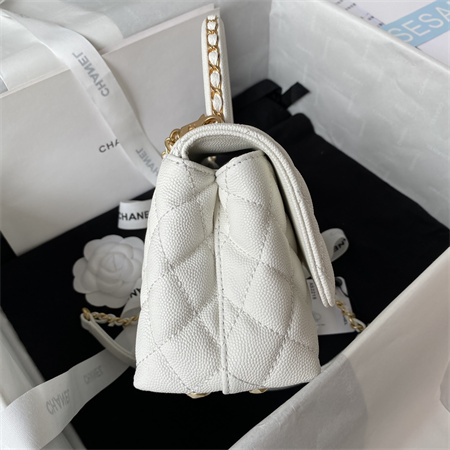 Cha.nel Mini Coco Handle Bag Grained Calfskin Aged Gold Metal White AS2215