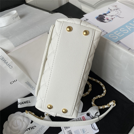Cha.nel Mini Coco Handle Bag Grained Calfskin Aged Gold Metal White AS2215