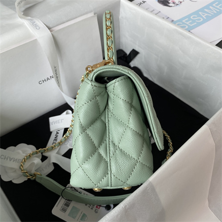 Cha.nel Mini Coco Handle Bag Grained Calfskin Aged Gold Metal Green AS2215