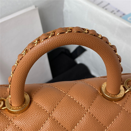 Cha.nel Mini Coco Handle Bag Grained Calfskin Aged Gold Metal Brown AS2215