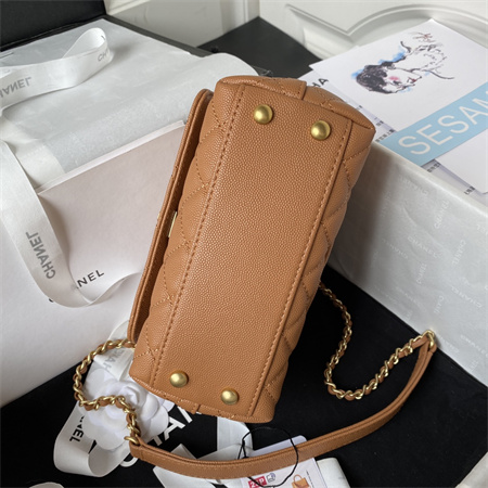 Cha.nel Mini Coco Handle Bag Grained Calfskin Aged Gold Metal Brown AS2215