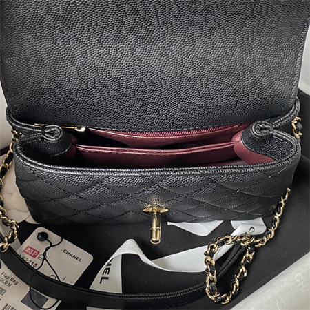 Cha.nel Mini Coco Handle Bag Grained Calfskin Lt Gold Metal Black AS2215