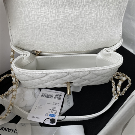 Cha.nel Mini Coco Handle Bag Grained Calfskin Lt Gold Metal White AS2215