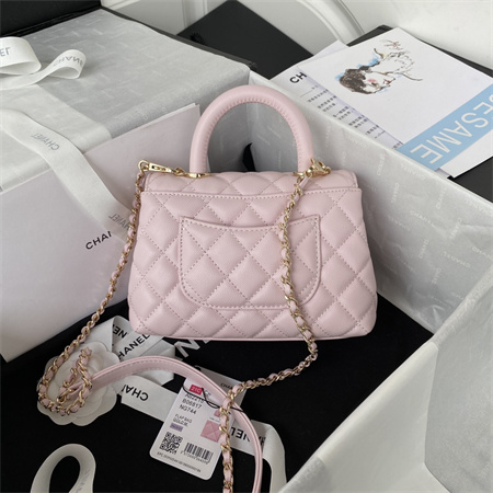 Cha.nel Mini Coco Handle Bag Grained Calfskin Lt Gold Metal Pink AS2215