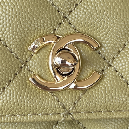 Cha.nel Mini Coco Handle Bag Grained Calfskin Lt Gold Metal Mustard Green AS2215