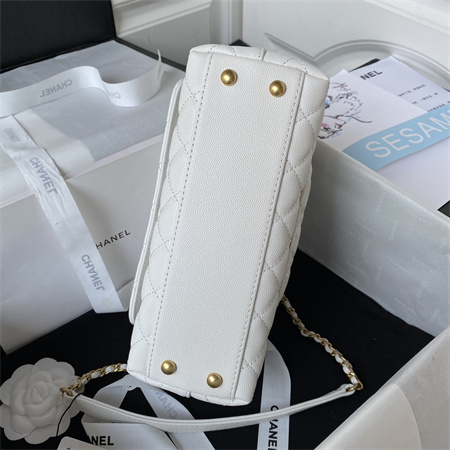Cha.nel Small Coco Handle Bag Grained Calfskin Aged Gold Metal White A92990