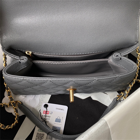 Cha.nel Small Coco Handle Bag Grained Calfskin Aged Gold Metal Grey A92990