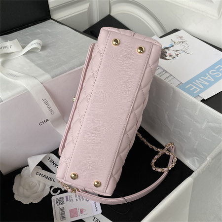Cha.nel Small Coco Handle Bag Grained Calfskin Lt Gold Metal Pink A92990