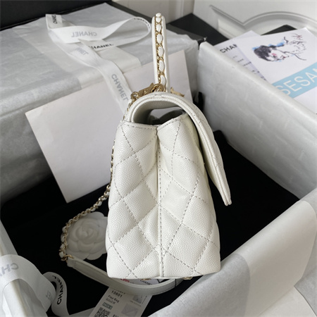 Cha.nel Small Coco Handle Bag Grained Calfskin Lt Gold Metal White A92990