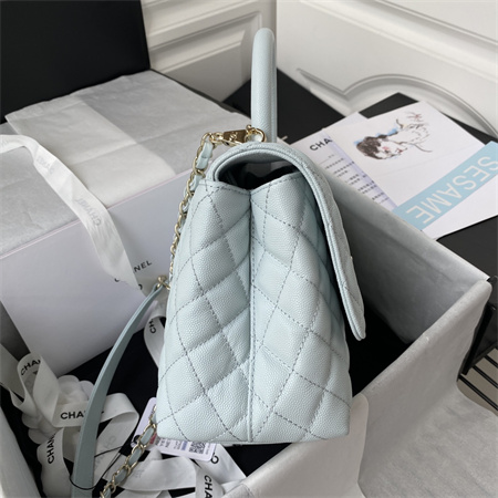 Cha.nel Large Coco Handle Bag Grained Calfskin Lt Gold Metal Mint A92991