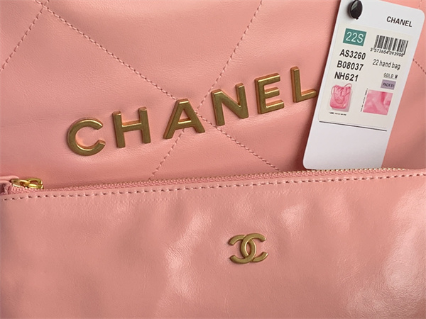 Cha.nel 22 Small Handbag Shiny Calfskin Gold Tone Metal Pink AS3260