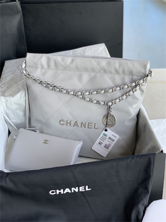 Cha.nel 22 Small Handbag Shiny Calfskin Silver Tone Metal Grey AS3260