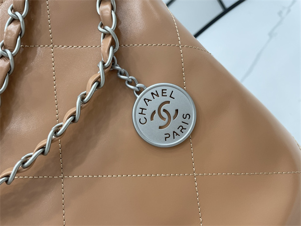 Cha.nel 22 Small Handbag Shiny Calfskin Silver Tone Metal Brown AS3260