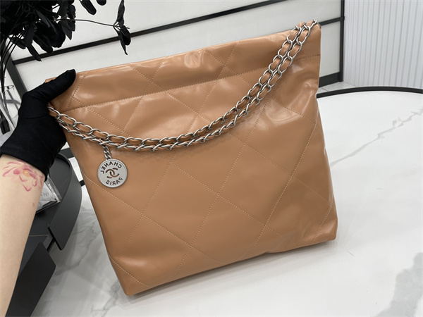 Cha.nel 22 Small Handbag Shiny Calfskin Silver Tone Metal Brown AS3260