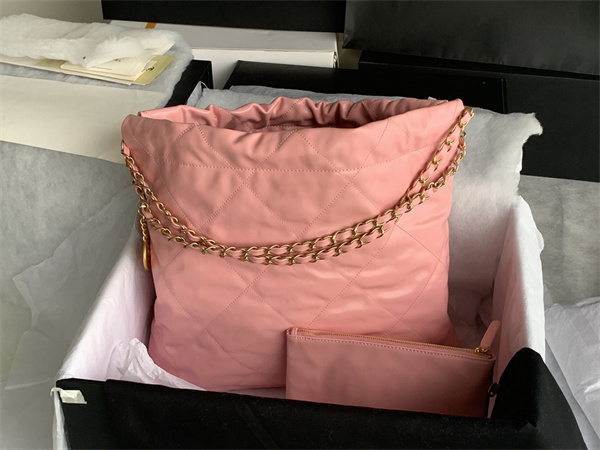 Cha.nel 22 Medium Handbag Shiny Calfskin Gold Tone Metal Pink AS3261