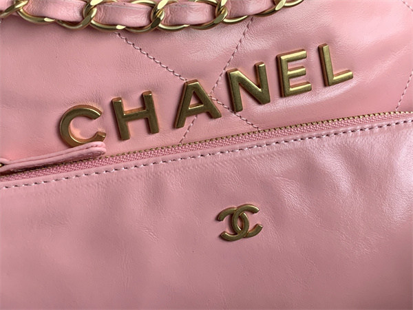Cha.nel 22 Medium Handbag Shiny Calfskin Gold Tone Metal Pink AS3261
