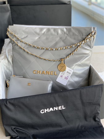 Cha.nel 22 Medium Handbag Shiny Calfskin Gold Tone Metal Grey AS3261