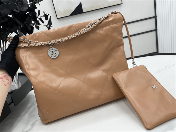 Cha.nel 22 Medium Handbag Shiny Calfskin Silver Tone Metal Brown AS3261