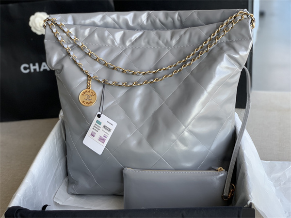 Cha.nel 22 Large Handbag Shiny Calfskin Gold Tone Metal Grey AS3262