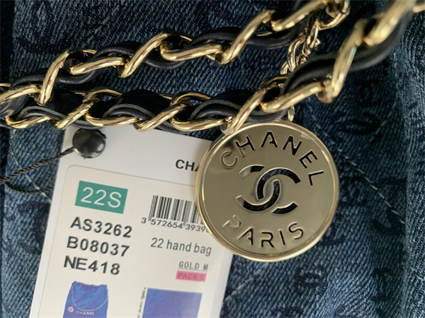 Cha.nel 22 Large Handbag Denim Gold Tone Metal AS3262