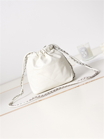 Cha.nel 22 Mini Handbag Shiny Calfskin Silver Tone Metal White AS3980