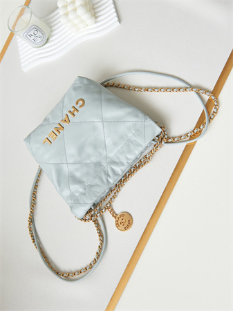 Cha.nel 22 Mini Handbag Shiny Calfskin Gold Tone Metal Pale Blue AS3980
