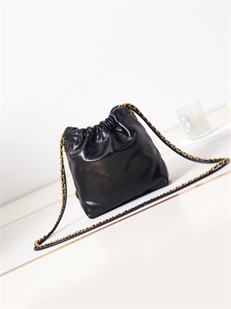 Cha.nel 22 Mini Handbag Shiny Calfskin Pearl Gold Tone Metal Black AS3980