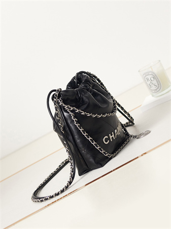 Cha.nel 22 Mini Handbag Shiny Calfskin Silver Tone Metal Black AS3980