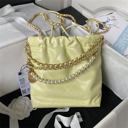 Cha.nel 22 Mini Handbag Shiny Calfskin Pearl Gold Tone Metal Lt Yellow AS3980