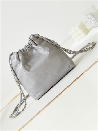 Cha.nel 22 Mini Handbag Shiny Calfskin Silver Tone Metal Grey AS3980