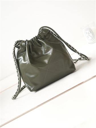 Cha.nel 22 Mini Handbag Shiny Calfskin Silver Tone Metal Dk Green AS3980