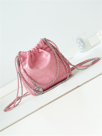 Cha.nel 22 Mini Handbag Shiny Calfskin Silver Tone Metal Lt Pink AS3980