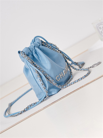 Cha.nel 22 Mini Handbag Shiny Calfskin Silver Tone Metal Blue AS3980