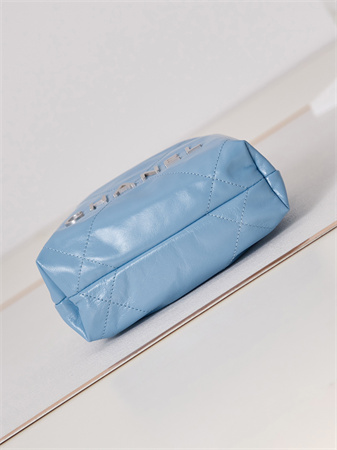 Cha.nel 22 Mini Handbag Shiny Calfskin Silver Tone Metal Blue AS3980