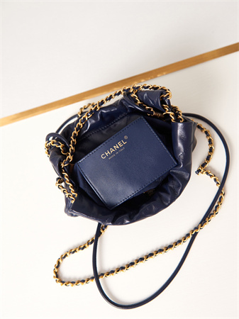 Cha.nel 22 Mini Handbag Shiny Calfskin Gold Tone Metal Navy AS3980